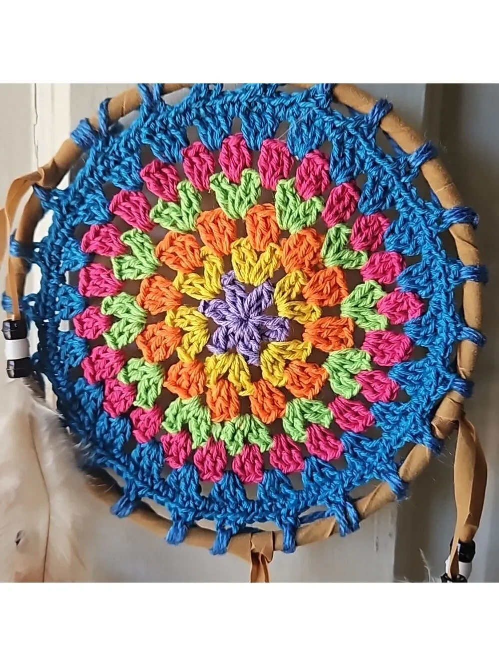 Hand Crafted crochet dreamcatcher multicolored floral eclectic textile decor